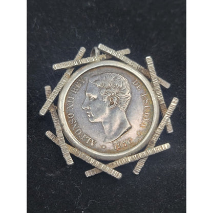 Vintage Spanish 5 Pesetas Brutalist Numismatic coin Pendant Silver Brooch Art