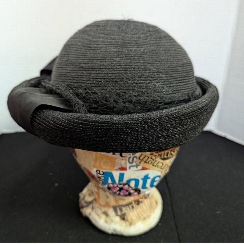 Vintage 50s Black Straw Breton Roller Hat Large Grosgrain Bow Rockabilly Church