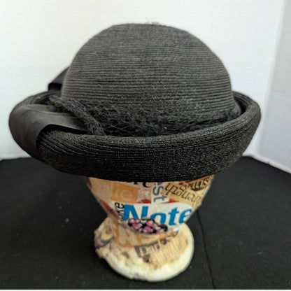 Vintage 50s Black Straw Breton Roller Hat Large Grosgrain Bow Rockabilly Church