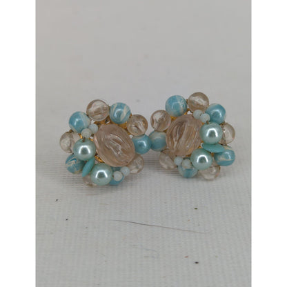 Vintage Japan Blue Peach Beaded Cluster Clip On Statement Earrings Faux Pearl