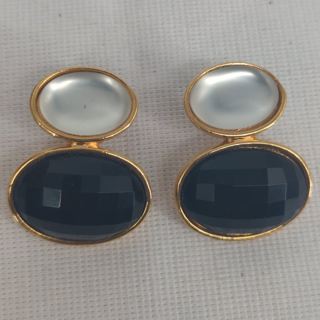 Vintage Double Drop Oval Earrings Black Faceted Resin Gold-Tone Glamour