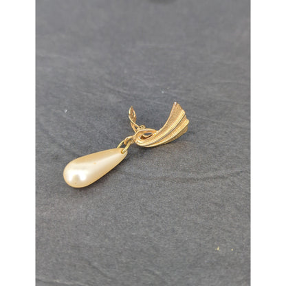 Vintage Faux Pearl Teardrop Drop Clip On Earrings Gold Tone Retro Glam 1980s