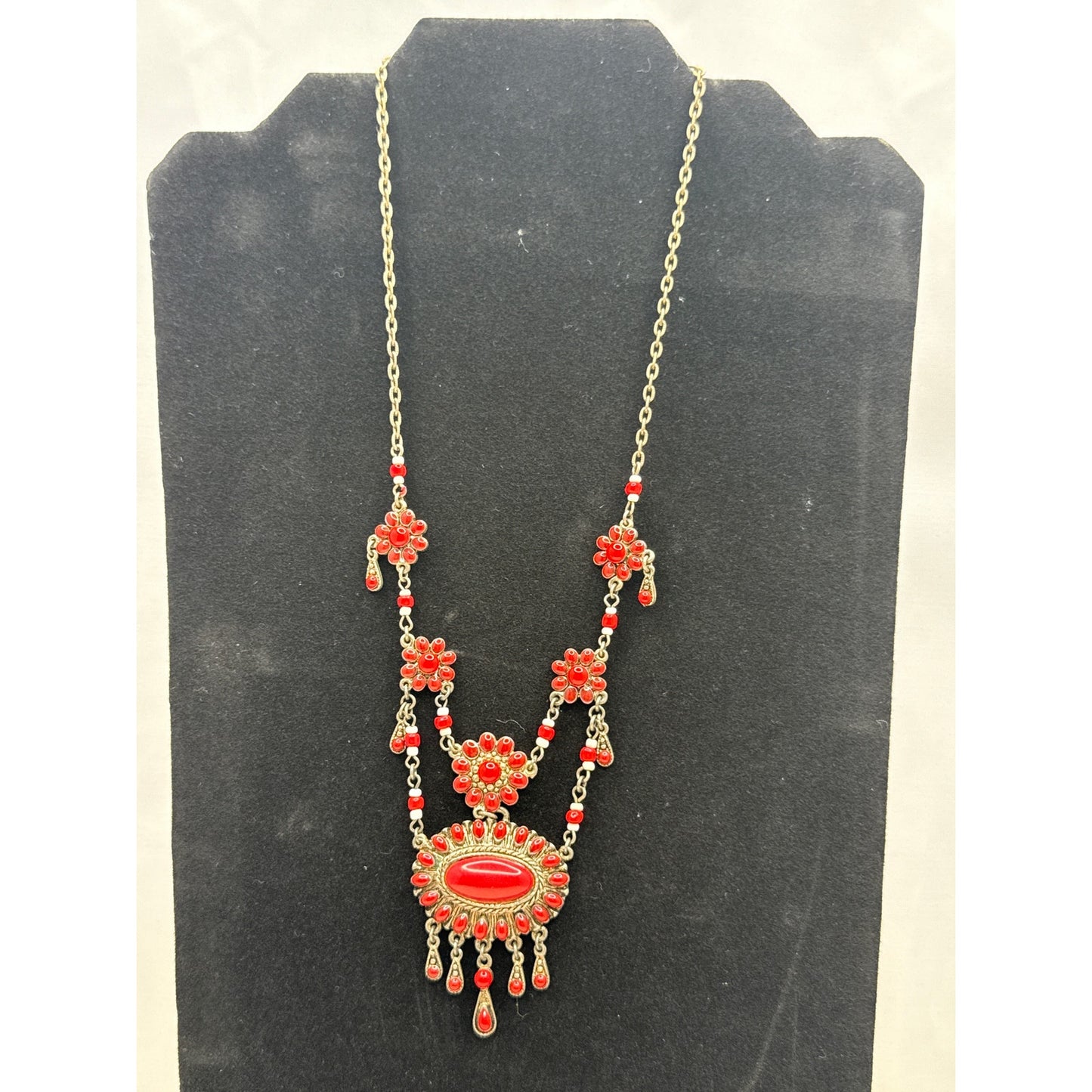 Vintage Red Cabochon Festoon Necklace Victorian Revival Gold Tone