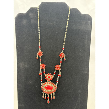 Vintage Red Cabochon Festoon Necklace Victorian Revival Gold Tone