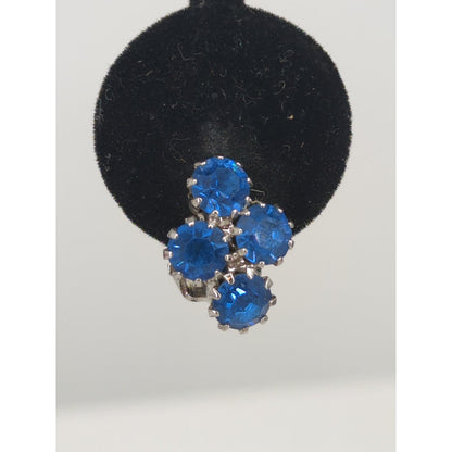Vintage Vibrant Blue Rhinestone Cluster Clip On Earrings Mid Century Sparkle