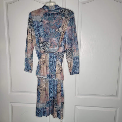 Canda 80s Vintage Pleated Geometric Multi Blue Dress Belted Long Sleeve Large