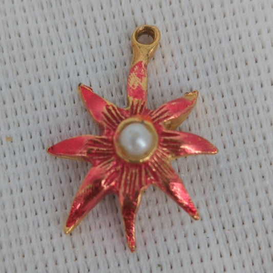 Vintage Gold Tone Red Enamel Starburst Pearl Pendant Charm