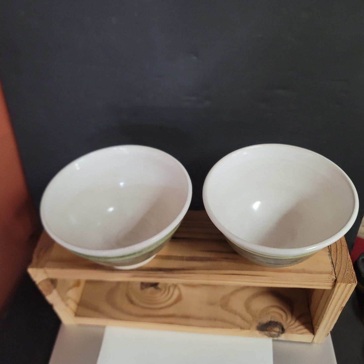 Lot of 2 handmade art pottery studio tea bowls Earthtones Green white sand Clay