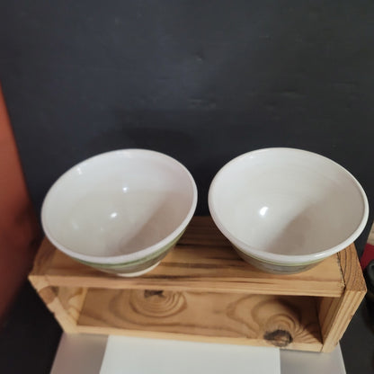 Lot of 2 handmade art pottery studio tea bowls Earthtones Green white sand Clay