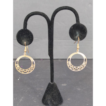 Gold Tone Openwork Filigree Circular Hoop Dangle Earrings