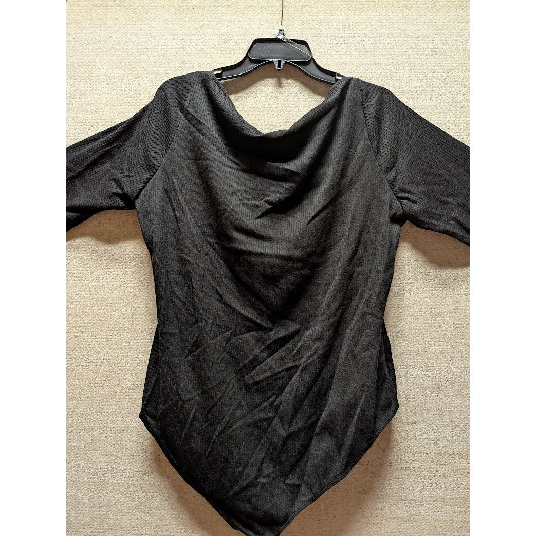 Astr the Label Black Ribbed Bodysuit Square Neck Full Coverage Long Sleeve 2X
