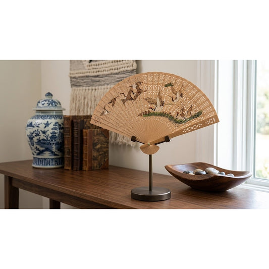 Wooden hand fan handpainted flying CRANES birds folding cutout Sandalwood