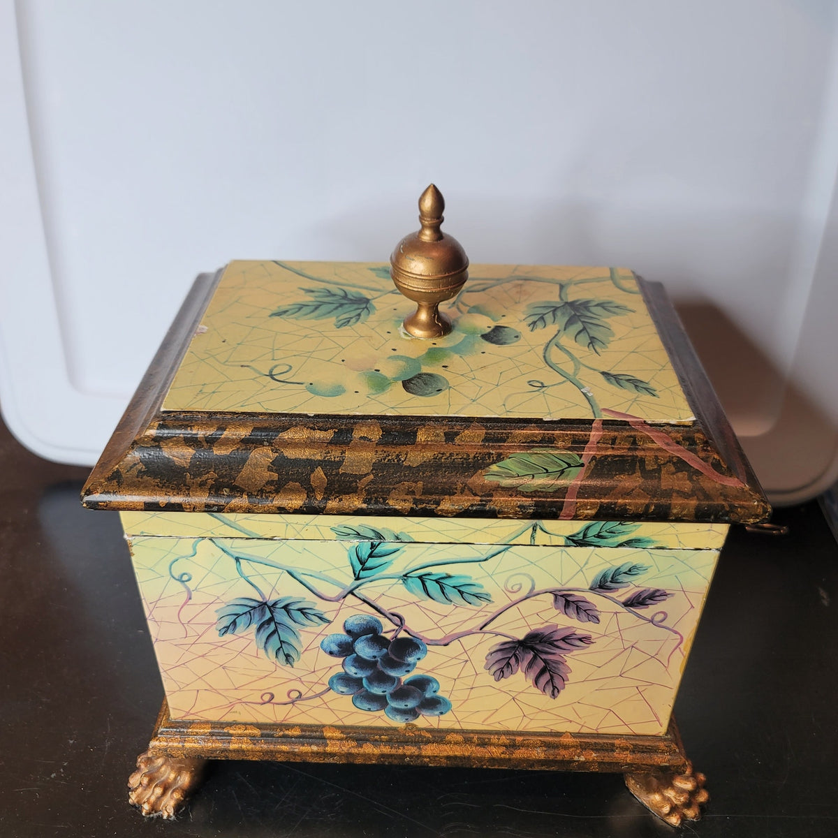 Yellow box footed Floral Chest Organizer Jewelry WhatNots Stash Finial Top