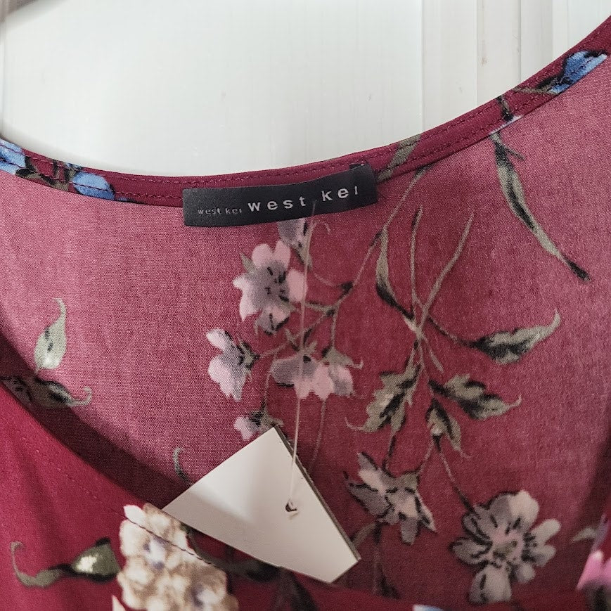 NEW West Kei Burgundy Floral Midi Dress LARGE Hi Low Hem Asymmetrical Collar
