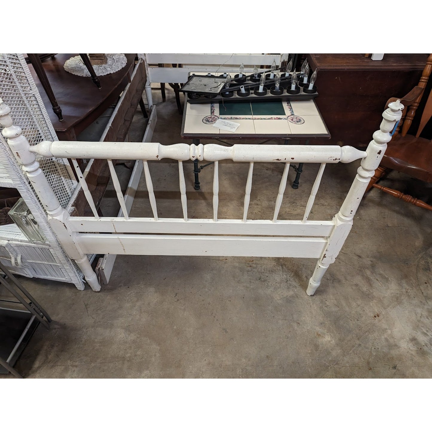Secondhand Sandies: Spindle wood bed BEDFRAME white double. Perfect for foam / futon
