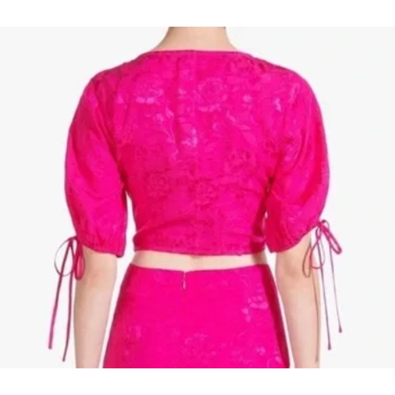 Staud Bloom Top V-Neck Ruched Drawstring Crop Top Size Large in Peony Pink NWT