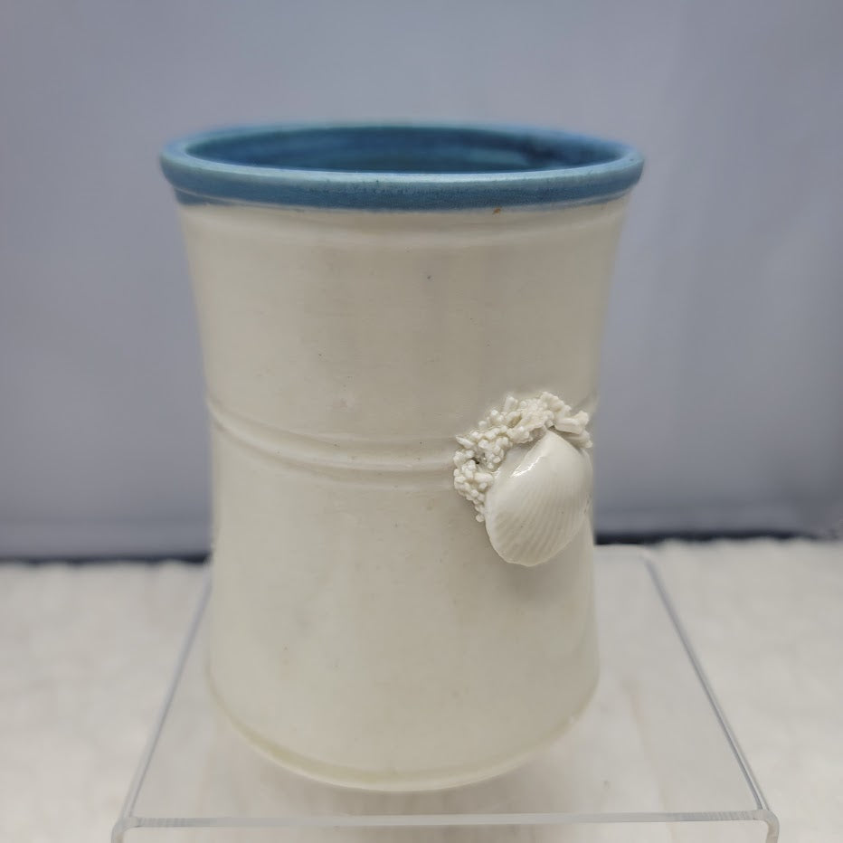 Wakulla Clay '86 Handmade Art Studio Pottery Vase Tumbler White Blue Sea shell
