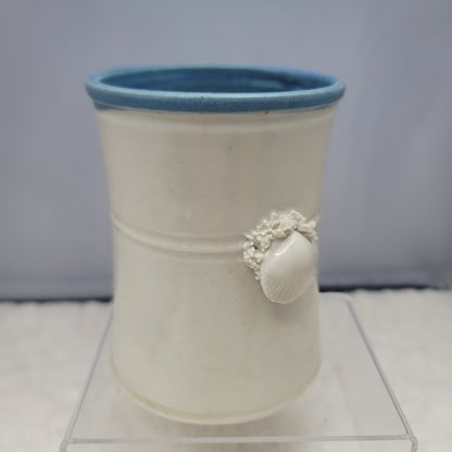 Wakulla Clay '86 Handmade Art Studio Pottery Vase Tumbler White Blue Sea shell