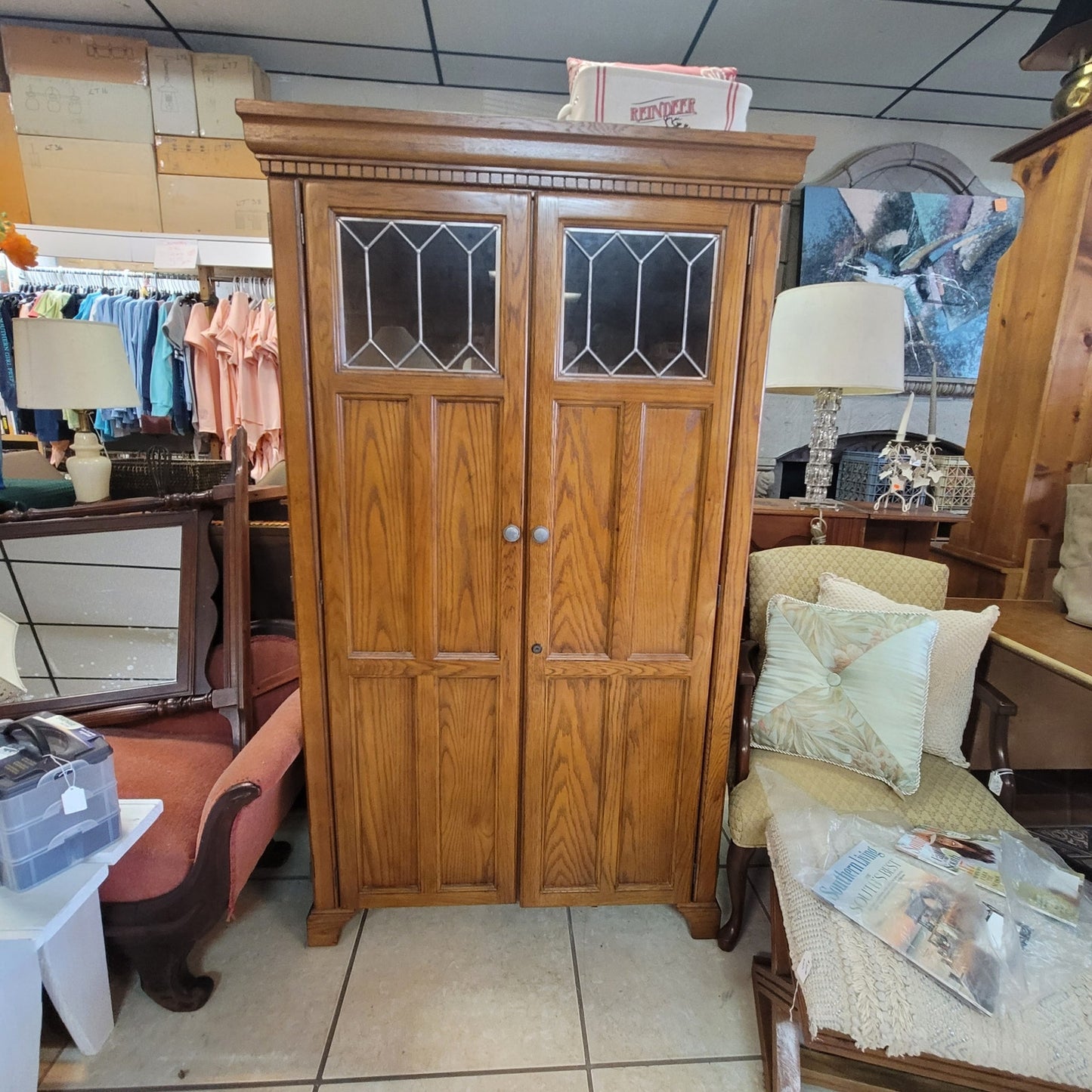 Secondhand Sandies; Solid wood leaded glass office desk crafting cabinet double door