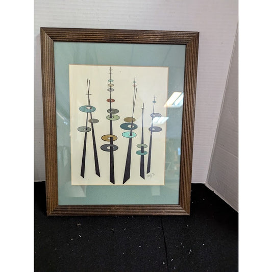 Mid-Century Modern Geometric Spiky Abstract Acrylic Painting Signed DMG