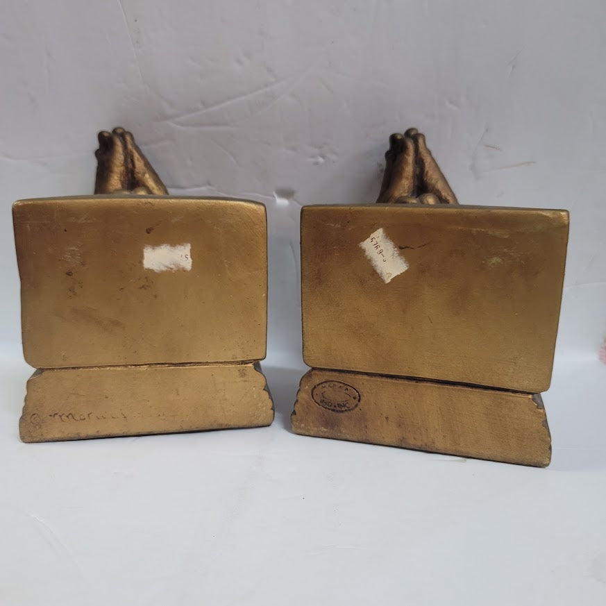 Vintage Marwal Chalkware praying hands bookends gold faux bronze religious