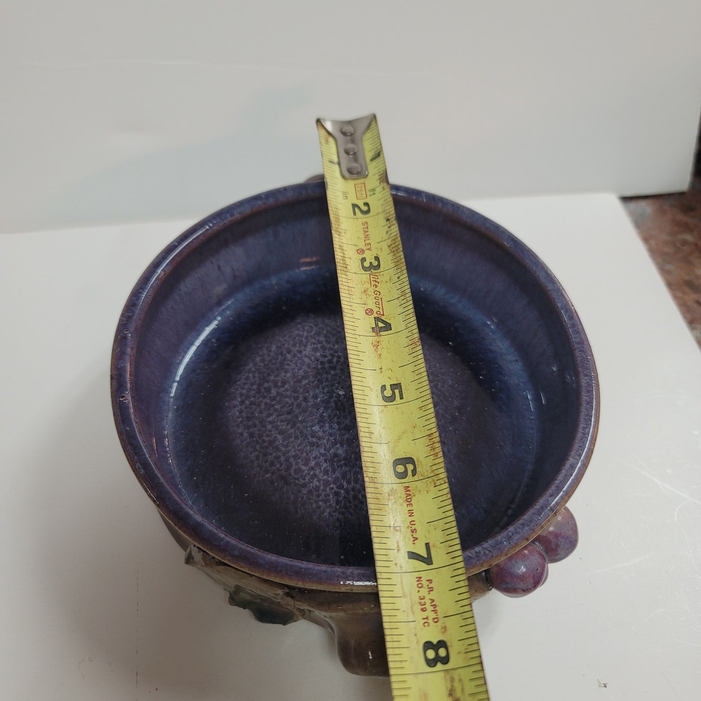 Art pottery 8" Handthrown double handle bow signed Douglas 08 Blue Earthtones