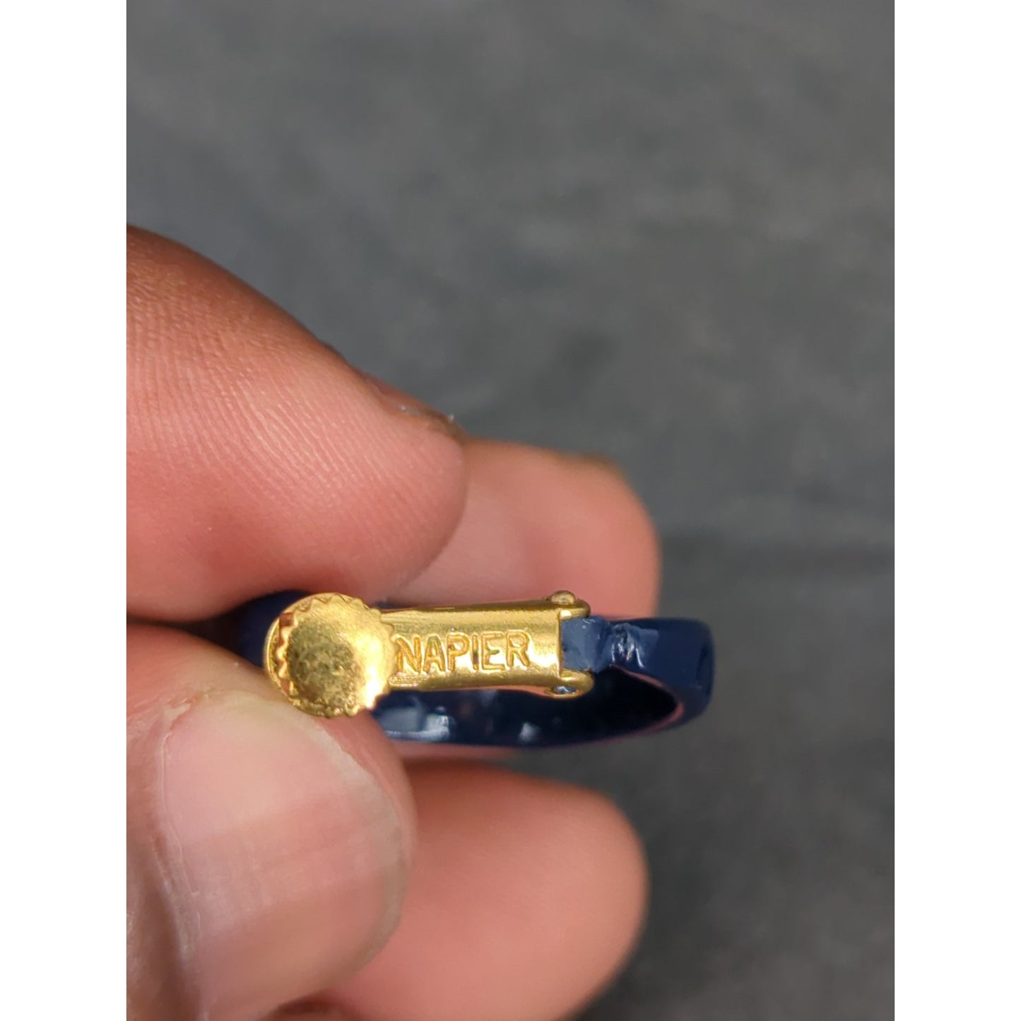 Vintage Blue Enamel Hoop Dangle Earrings Gold Tone Clip On Huggie Drop