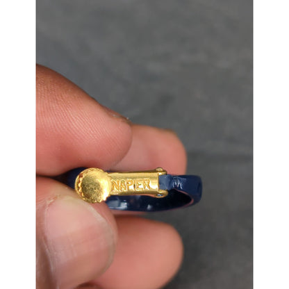 Vintage Blue Enamel Hoop Dangle Earrings Gold Tone Clip On Huggie Drop
