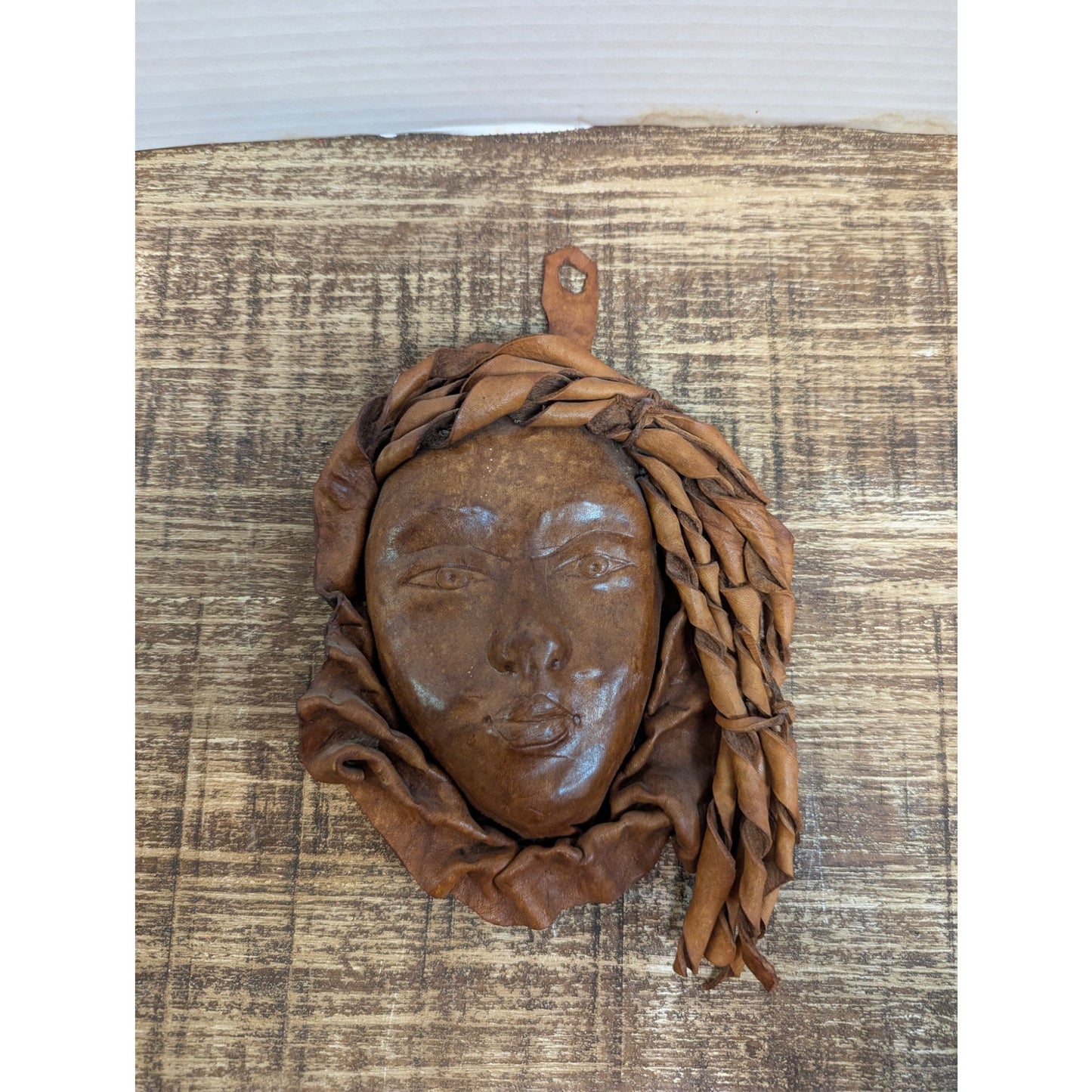 Vintage 80s Sculpted Leather Wall Mask MCM Brutalist Boho Art Handwoven Large 8"