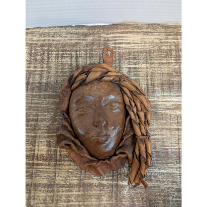 Vintage 80s Sculpted Leather Wall Mask MCM Brutalist Boho Art Handwoven Large 8"