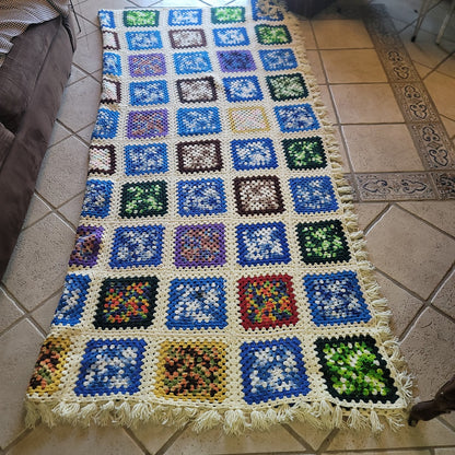 Colorblock Handmade AFGHAN fringe edge Blue Black Creram White Granny Square