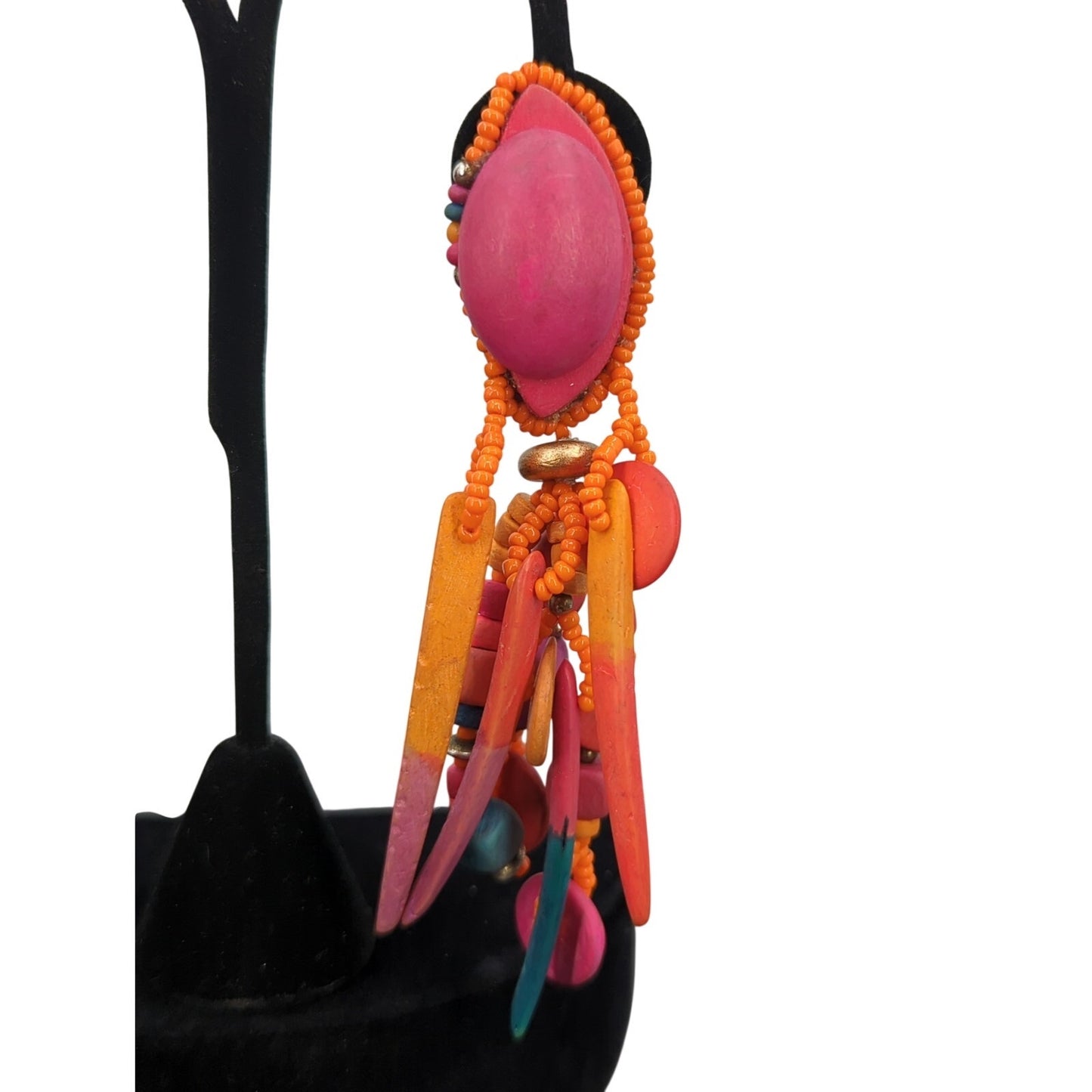 Whimsigoth Neon Orange Wood Beaded Multi-Strand ClipOn Earrings 80s Neon Grunge