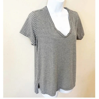Zella Striped V-Neck Short Sleeve Top LARGE Activewear NEW Grey Heather workout