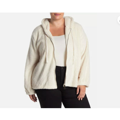 Bobeau pockets Ivory Faux Fur Front Zip Ultra Plush Soft Hoodie XS Jacket NEW