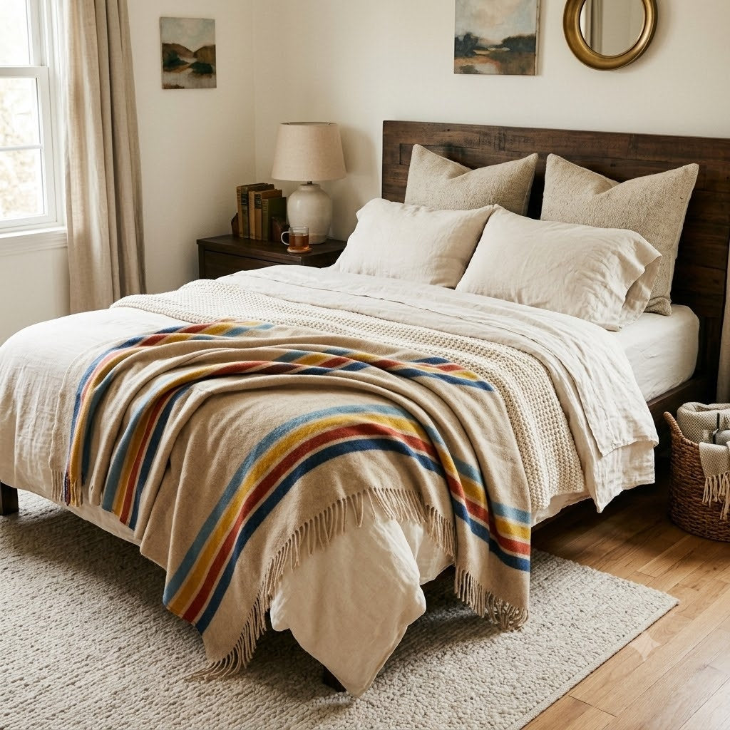 Sackcloth & Ashes Wool Blend Blanket Cabin tan Fringe Striped 59x70