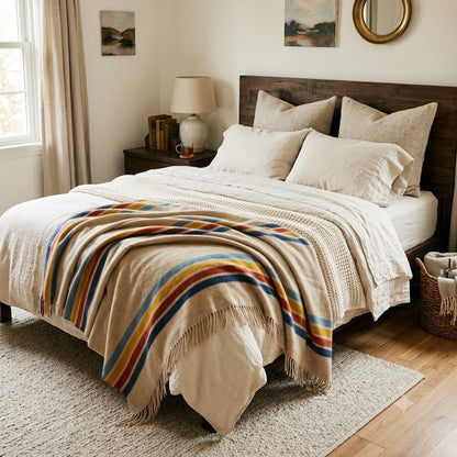 Sackcloth & Ashes Wool Blend Blanket Cabin tan Fringe Striped 59x70
