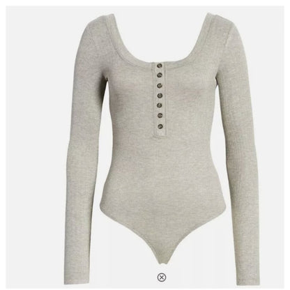 Lulus Simply The Best Henley Bodysuit, Size Small Grey Long Sleeve Full coverage