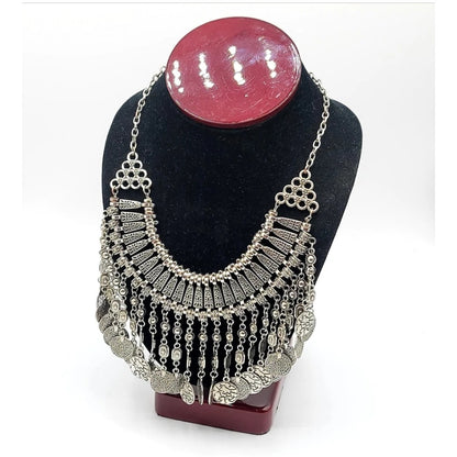Vintage Ethnic Boho Jewelry SilverTone Metal Patina Coin Chandelier Necklace