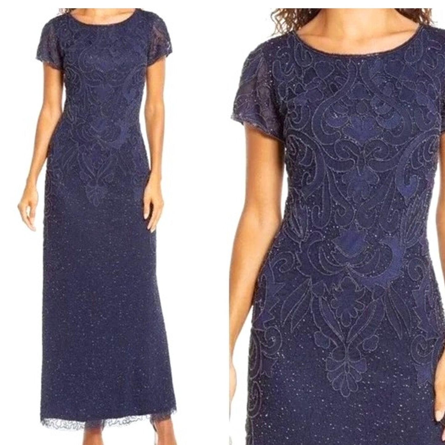 Pisarro Nights Column Dress cap sleeve Beaded Mesh Formal Gown Sz 12 in Navy NEW