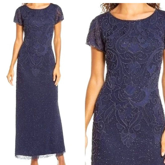 Pisarro Nights Column Dress cap sleeve Beaded Mesh Formal Gown Sz 12 in Navy NEW