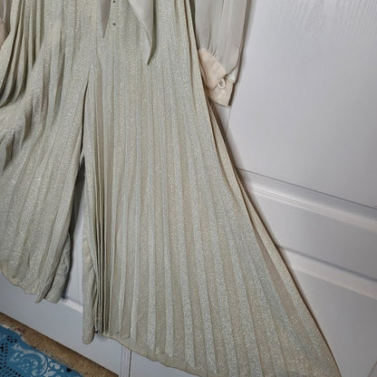 Vintage WIDE pleated silver Bell Bottom Jumpsuit 1 PIECE chiffon top belt Medium