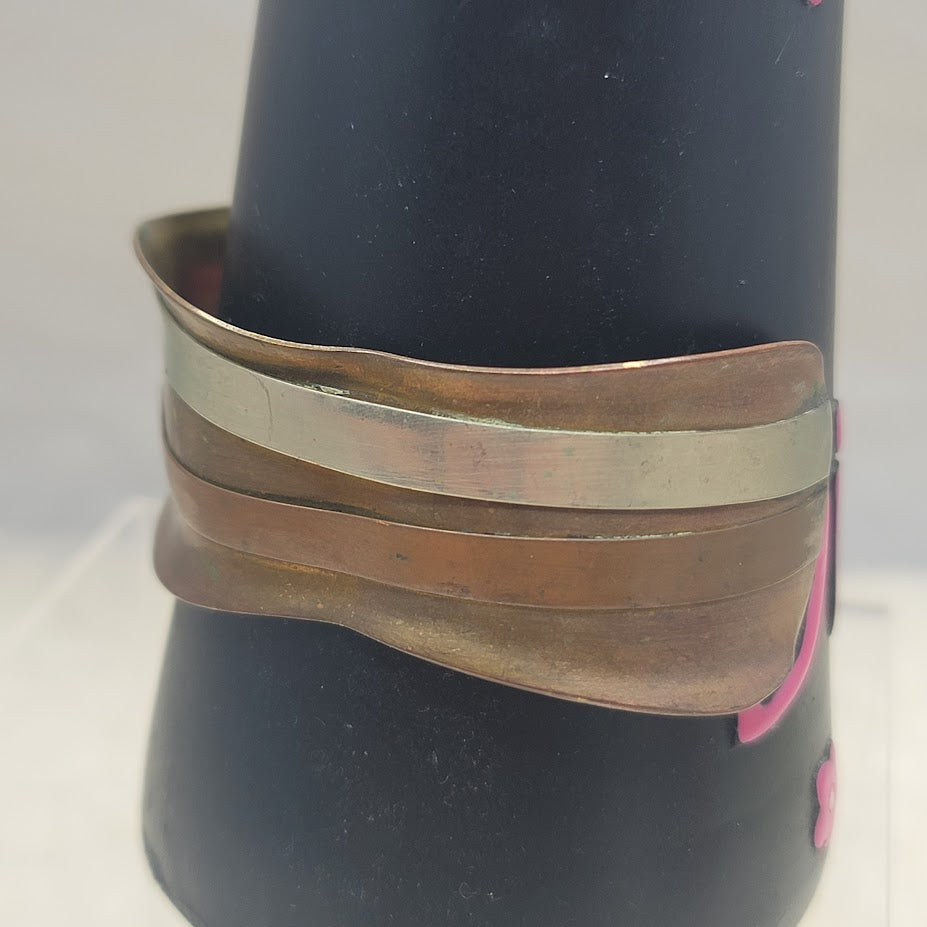 Vintage Brutalist Mixed Metal Ripple Cuff Bracelet Brass Copper Silver Tone