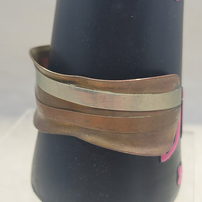 Vintage Brutalist Mixed Metal Ripple Cuff Bracelet Brass Copper Silver Tone