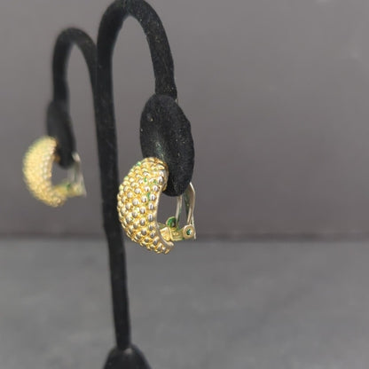 Vintage Gold Tone Textured Beaded Chunky Crescent Half Hoop Drop Earrings Retro