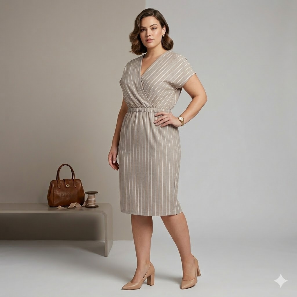 Vintage R&K Originals Pinstripe Dress Faux Wrap Short Sleeve Neutral 14