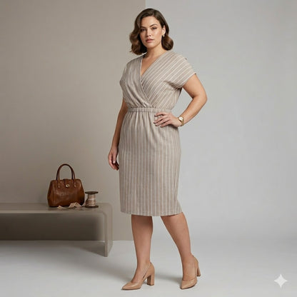Vintage R&K Originals Pinstripe Dress Faux Wrap Short Sleeve Neutral 14