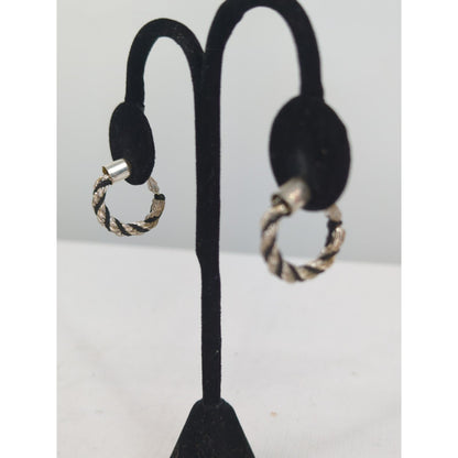 Vintage Silver Tone Black Twisted Rope Chain Bracelet and Hoop Earrings Set