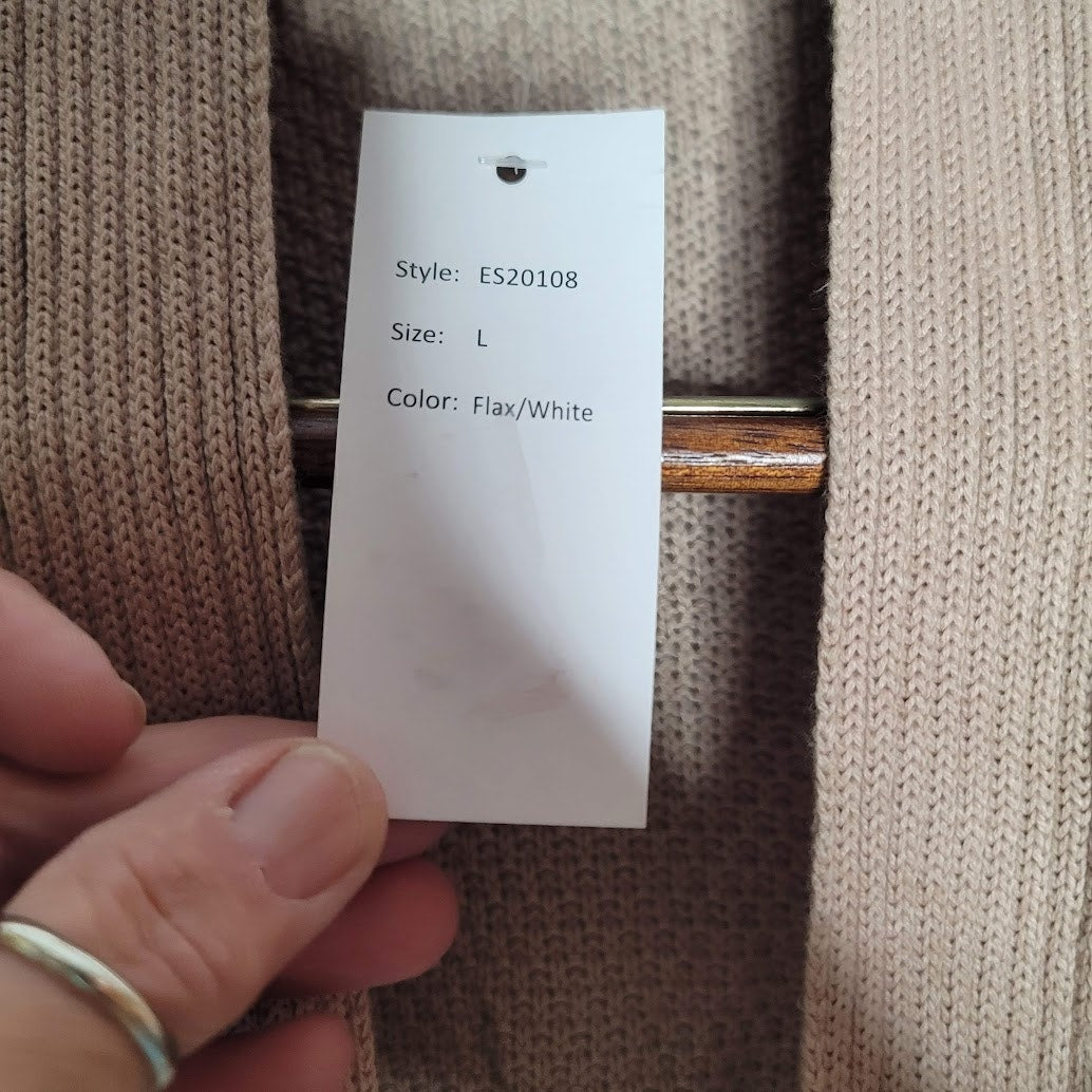 Belle Ombre' Size large Cardigan Pockets Open Front Flax/White Knit NEW cOTTON