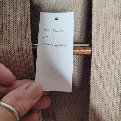 Belle Ombre' Size large Cardigan Pockets Open Front Flax/White Knit NEW cOTTON
