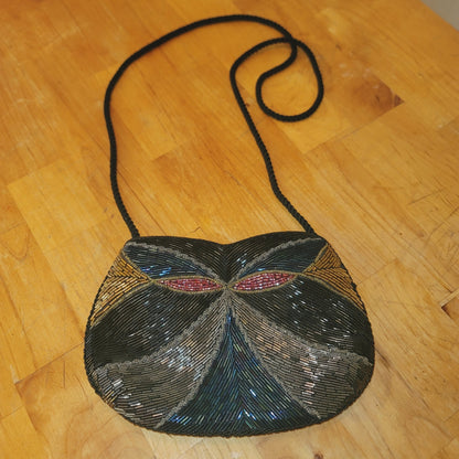 Vintage bugle glass beads 80s purse shoulder EVENING bag black gold silver blue